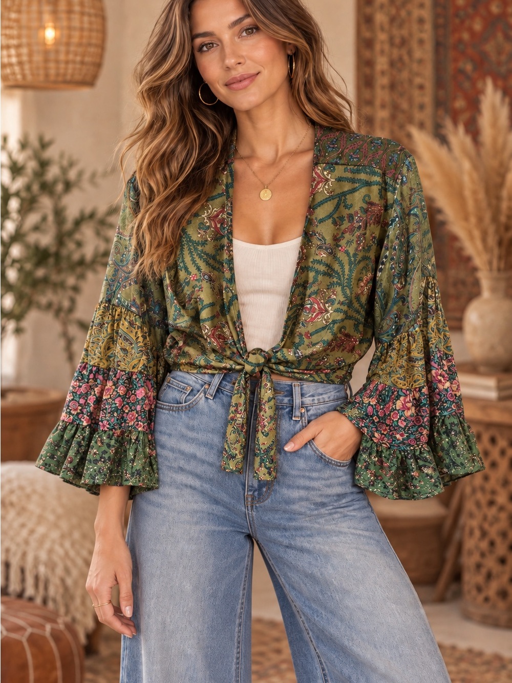 EARTHBOUND Olive Green Floral Tie-Front Bell Sleeve Blouse (090890) 🌼